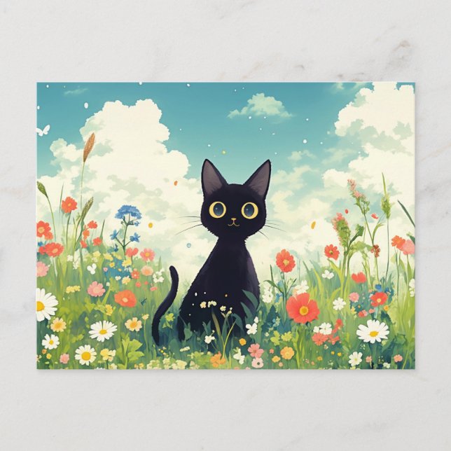 Black Kitten in Sunny Wildflower Summer Meadow Postkarte (Vorderseite)