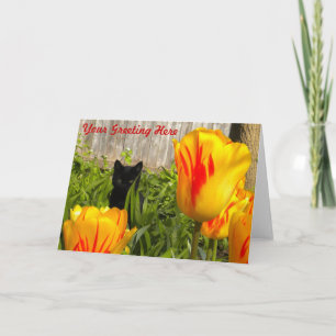 Black Kitten in Tulips Grußkarte Karte
