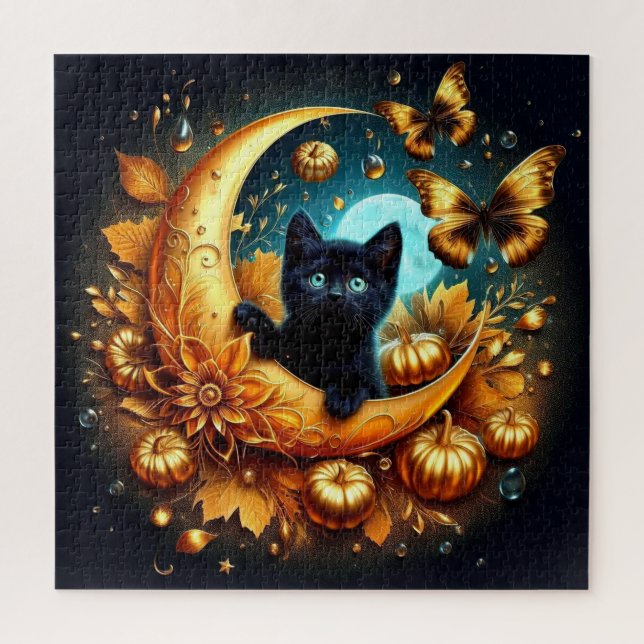 Black Kitten, Moon, Pumpkins und Schmetterlinge Puzzle (Vertikal)