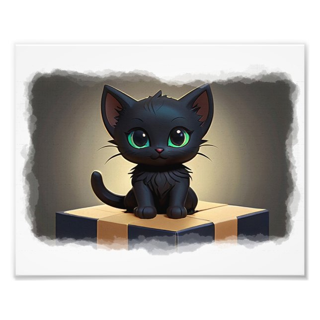 Black Kitten on Box Cartoon Art Fotodruck (Vorne)