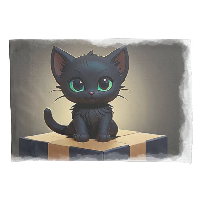 Black Kitten on Box Cartoon Art Kissenbezug (Vorderseite)