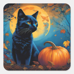 Black Kitten Pumpkin Vollmond Autumn Blätter Quadratischer Aufkleber