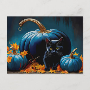 Black Kitten und Blue Moon Pumpkins Herbstleaves Feiertagspostkarte