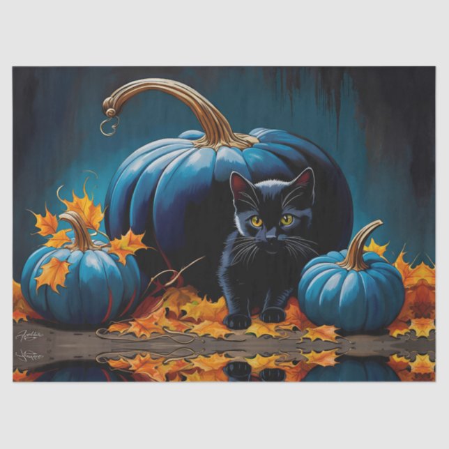 Black Kitten und Blue Moon Pumpkins Herbstleaves Seidenpapier (Vorderseite)