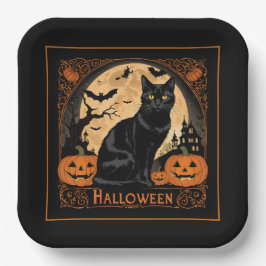 Black Kitty Cat Halloween Pappteller