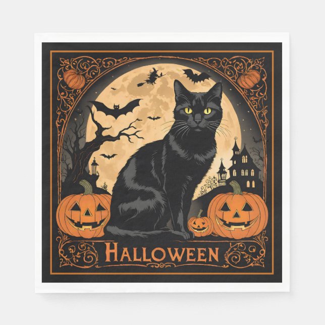 Black Kitty Cat Halloween Serviette (Vorderseite)