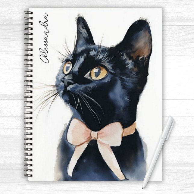 Black Kitty Cat in Peach Bow Personalisiert Notizbuch (Cute Black Kitty Cat wearing a peach bow on its neck Personalized Notebook for girls of all ages)