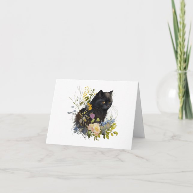 Black Kitty Cat mit Blume BLANK Karte (Vorderseite)