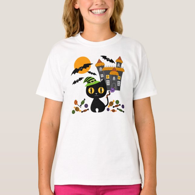 Black Kitty Halloween Girls T Shirts (Vorderseite)