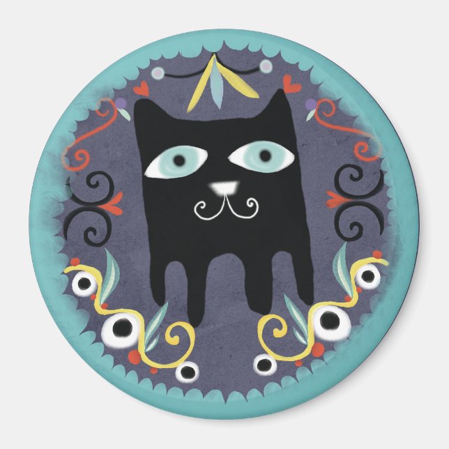Black Kitty Lovely Kawaii Cat Blue Magnet (Vorne)