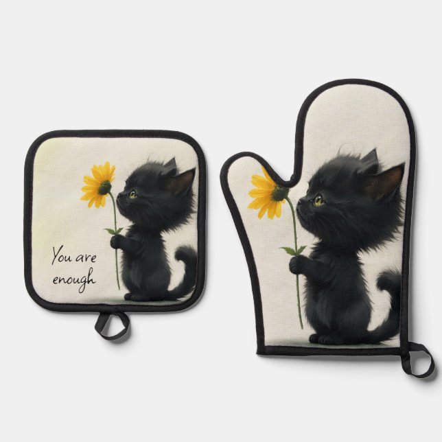 Black Kitty mit Daisy und Zitat Ofenhandschuh & Topflappen-Set (Vorderseite)