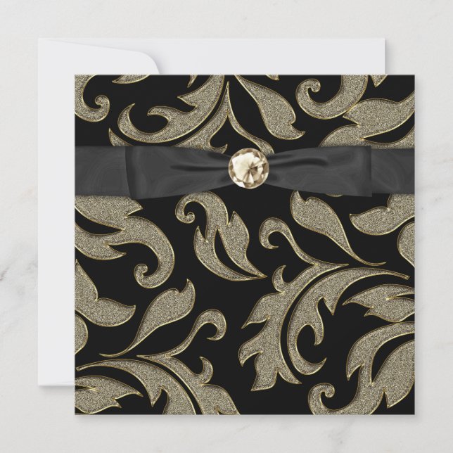 Black Krawatte Black Gold Damask Party Einladung (Vorderseite)