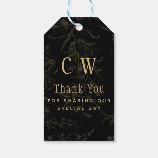 Black Krawatte Hochzeitthema Vintag Gold Damask Geschenkanhänger (Vorderseite)