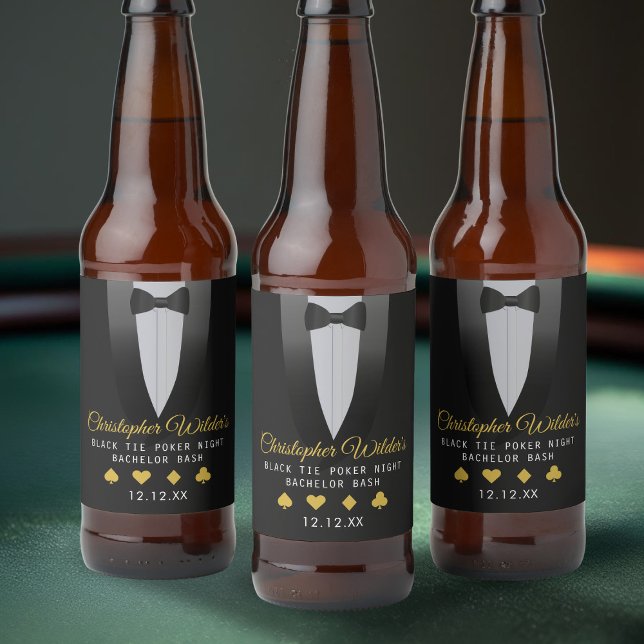 Black Krawatte Poker Night Bachelor Party Bierflaschenetikett (It’s perfect for a classy bachelor night with a casino twist. Raise a toast to the groom-to-be!)