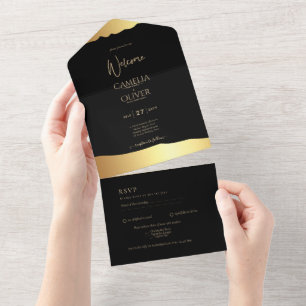 Black Krawatte Wedding Gold Foil Script Elegantes  All In One Einladung