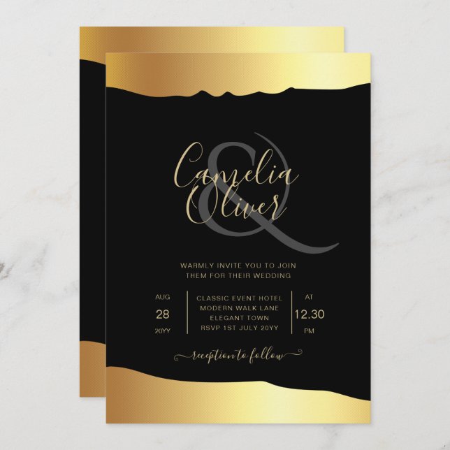 Black Krawatte Wedding Gold Foil Script Elegantes  Einladung (Vorne/Hinten)