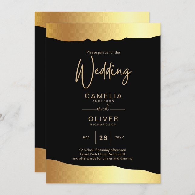Black Krawatte Wedding Gold Foil Script Elegantes  Einladung (Vorne/Hinten)