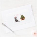 Black Lab Funny Christmas Dog and Tree Rechteckiger Aufkleber<br><div class="desc">Ein schwarzer Labrador Retriever ist für Weihnachten gekleidet,  der eine Weihnachtsmannmütze spielt und neben einem verzierten Weihnachtsbaum sitzt. Wünschen Sie Familie und Freunde einen Urlaub und ein neues Jahr,  das es wert ist,  gebellt zu werden!</div>