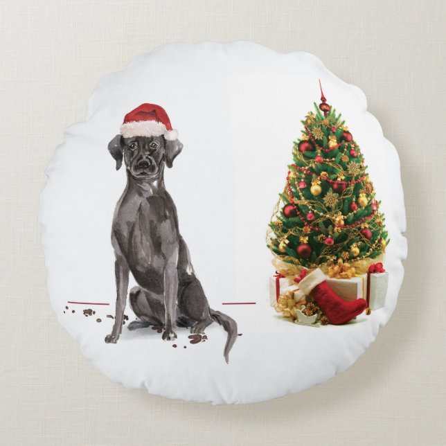 Black Lab Funny Christmas Dog and Tree Rundes Kissen (Vorderseite)