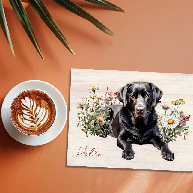 Black Lab in Wildflowers Hello Personalized Postkarte (Von Creator hochgeladen)