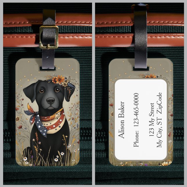 Black Lab Patriotic Whimsical Labrador Retriever Gepäckanhänger (Black Lab Patriotic Whimsical Labrador Retriever Luggage Tag. Add your contact info to the back.)