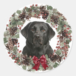 Black Lab Red Bow Pinecone Wreath Weihnachten Runder Aufkleber