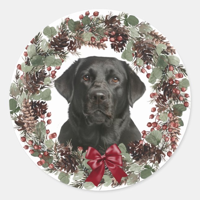 Black Lab Red Bow Pinecone Wreath Weihnachten Runder Aufkleber (Vorderseite)
