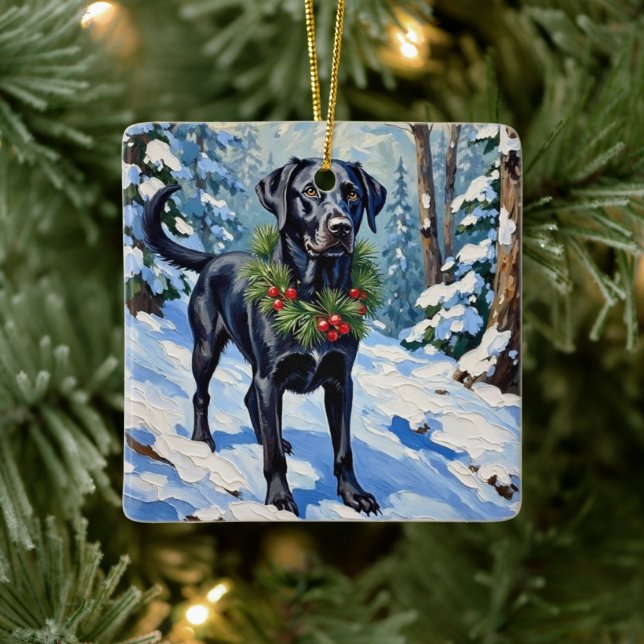 Black Lab Serene Winter Forest Christmas Holiday Keramikornament (Baum)