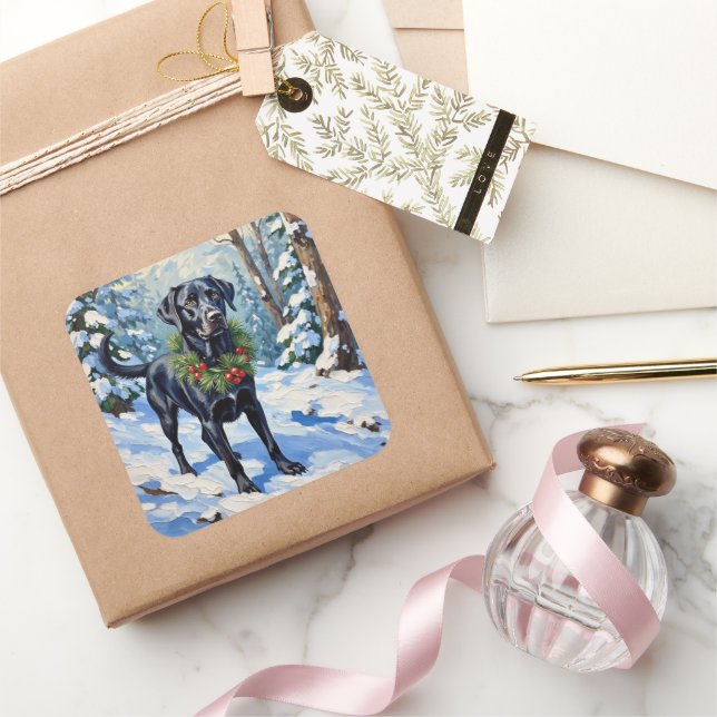 Black Lab Serene Winter Forest Christmas Holiday Quadratischer Aufkleber (Schenken)
