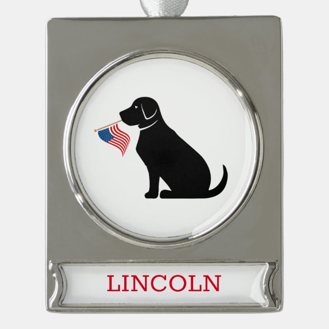 Black Lab Silhouette American Flag Pen NAME USA Banner-Ornament Silber (Vorderseite)
