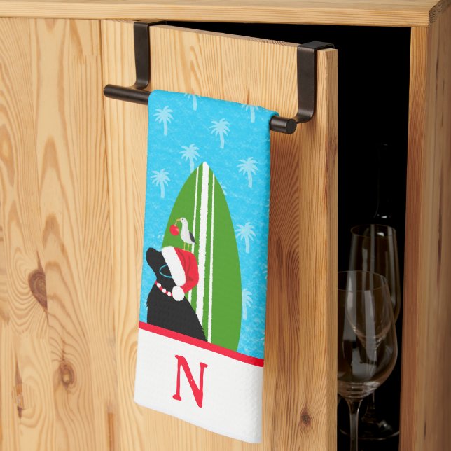 Black Lab Surfboard Dog Seagull Christmas Towel Geschirrtuch (Drittel gefaltet)