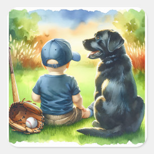 Black Lab und Baby Boy Baseball Themed Baby Dusche Quadratischer Aufkleber