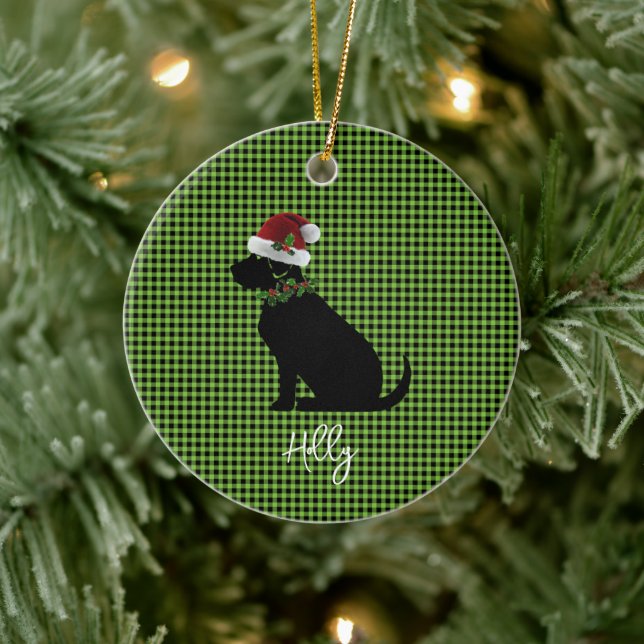 Black Lab Weihnachtsmannmütze Holly NAME Frohe Wei Keramik Ornament (Baum)