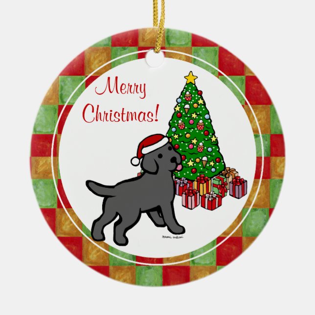 Black Lab Welpe und Weihnachtsbaum Keramikornament (Vorne)