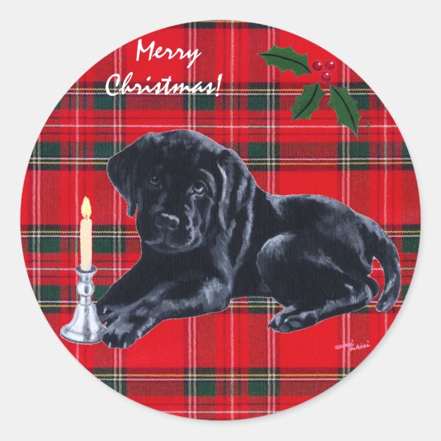 Black Lab Welpe Weihnachtskleber Tartan Runder Aufkleber (Vorderseite)