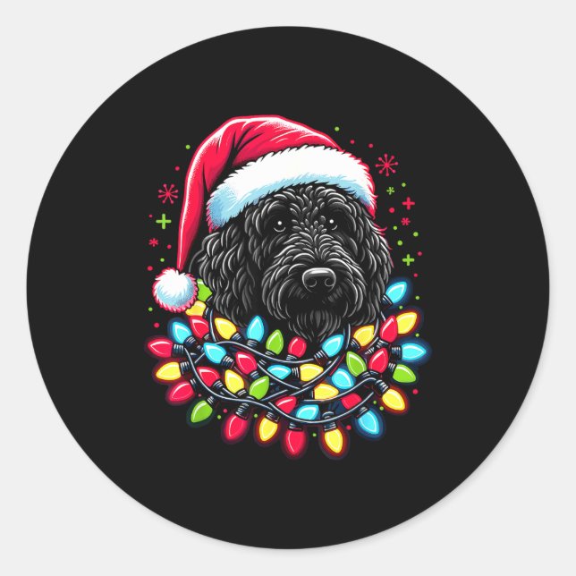 Black Labradoodle Christmas Tree Xmas Lights Doodl Runder Aufkleber (Vorderseite)