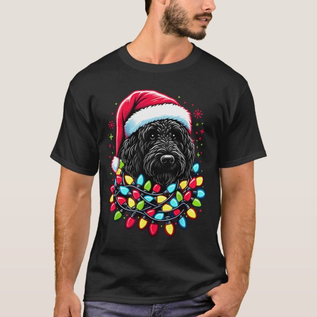 Black Labradoodle Christmas Tree Xmas Lights Doodl T-Shirt (Vorderseite)