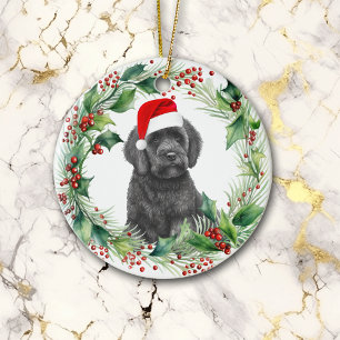 Black Labradoodle Puppy Holly Wreath Weihnachten Keramik Ornament