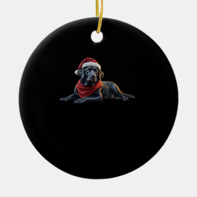 Black Labrador at Christmas in Santa Hat and Scarf Keramik Ornament (Vorne)