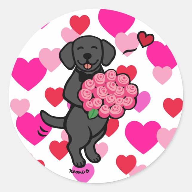 Black Labrador Cartoon Valentine Hearts Runder Aufkleber (Vorderseite)