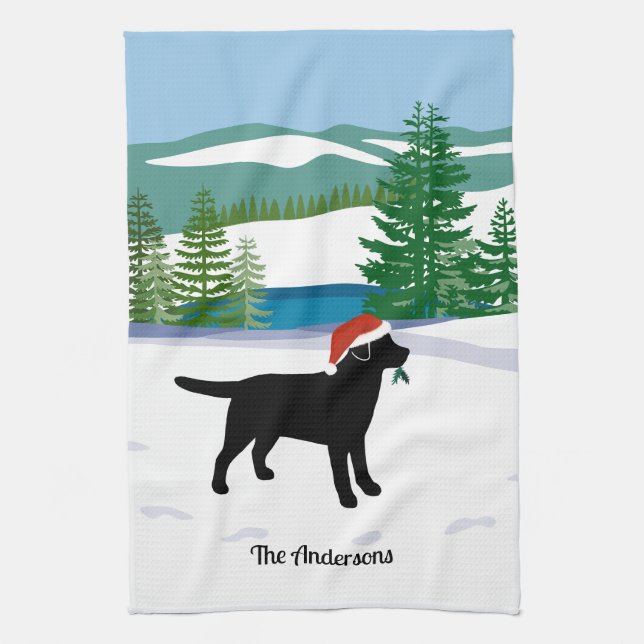 Black Labrador Christmas Evergreen Weihnachtsmannm Geschirrtuch (Vertikal)