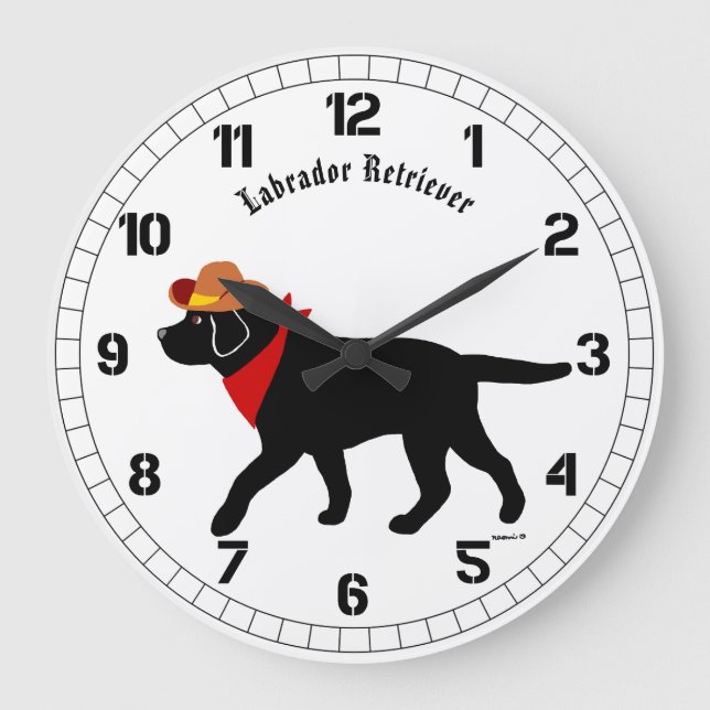 Black Labrador Cowboy Cartoon Große Wanduhr (Vorderseite)