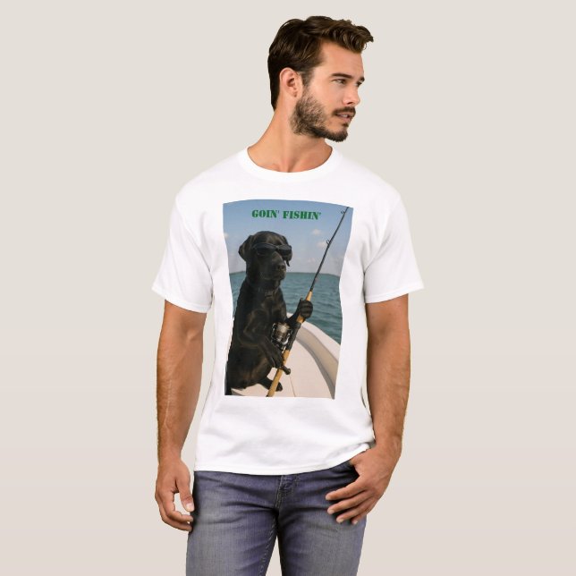 Black Labrador "Goin' Fishin' " fun  T-Shirt (Vorne ganz)