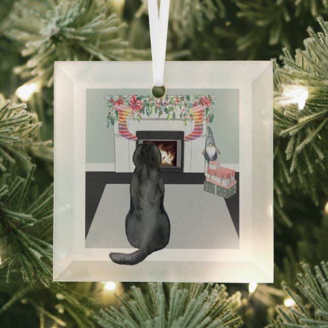 Black Labrador Hund Weihnachten Feuerplatz Szene Ornament Aus Glas (Insitu)