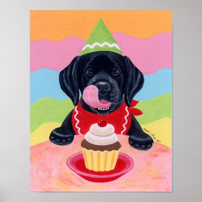Black Labrador Puppy Birthday Cupcake Artwork Poster (Vorne)