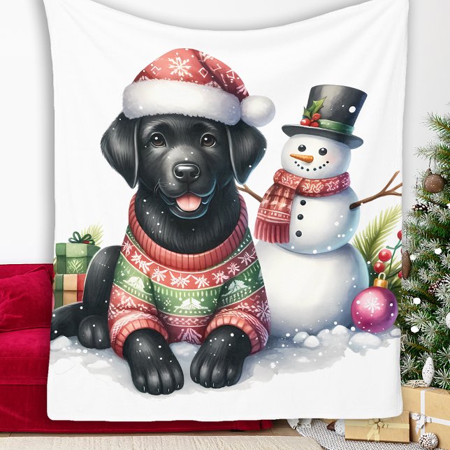 Black Labrador Puppy Dog Snowman Winter Holiday Fleecedecke (Von Creator hochgeladen)