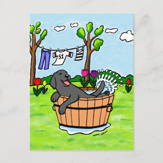 Black Labrador Puppy Pool Cartoon Postkarte (Vorderseite)