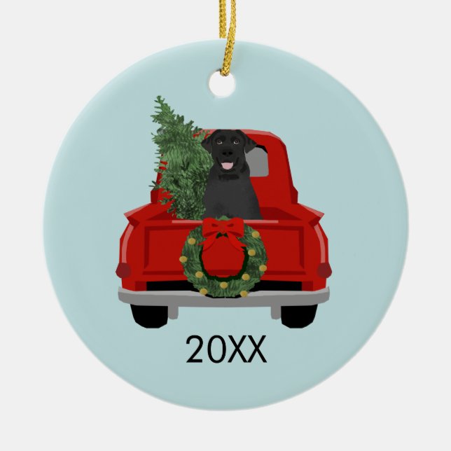 Black Labrador Red Christmas Truck Keramik Ornament (Vorne)
