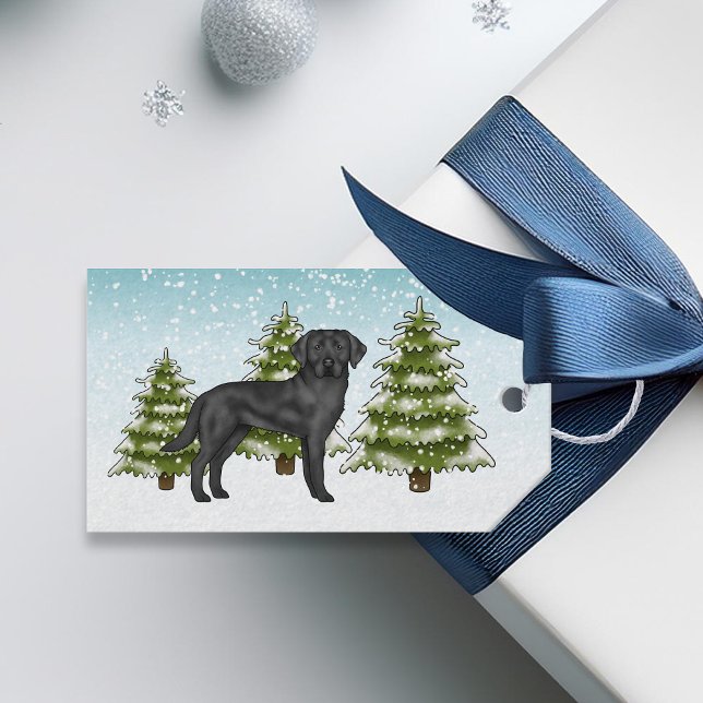 Black Labrador Retriever Blue Snowy Winterwald Geschenkanhänger (Von Creator hochgeladen)