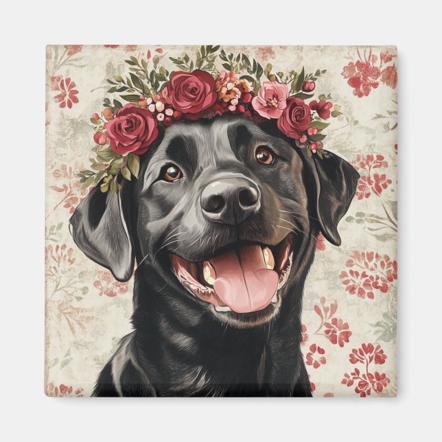 Black Labrador Retriever Hund Red Floral Kitchen Magnet (Vorne)
